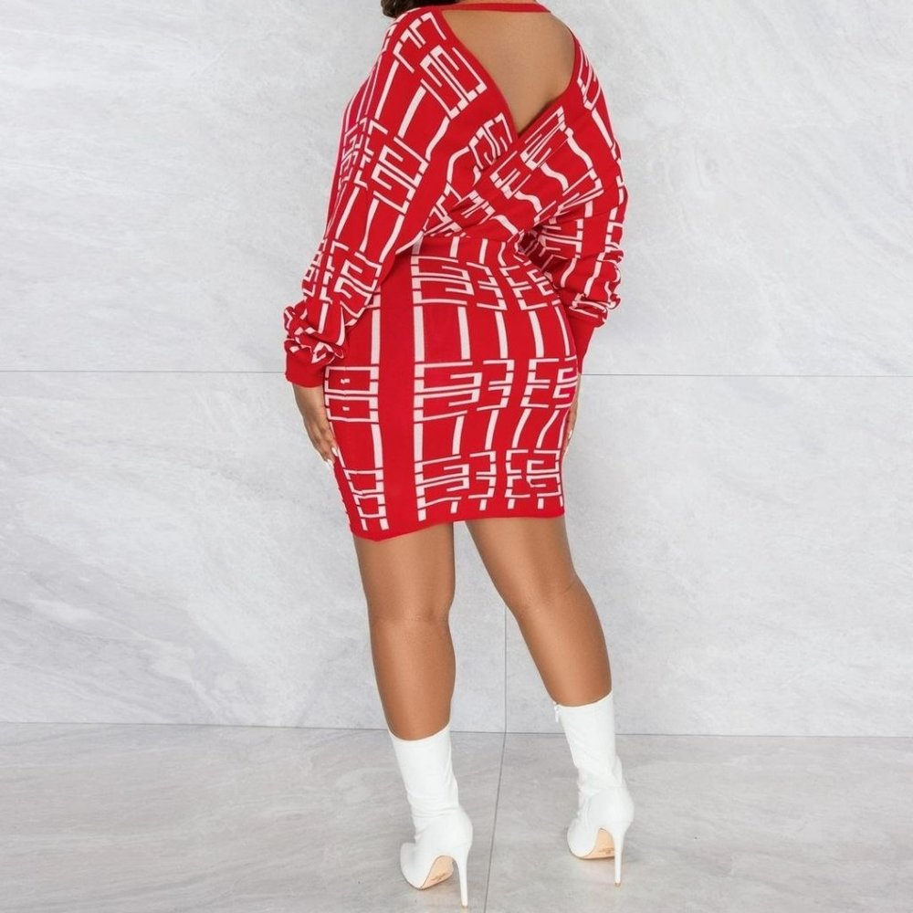 Red White Print Knit Wrap Sweater Dress